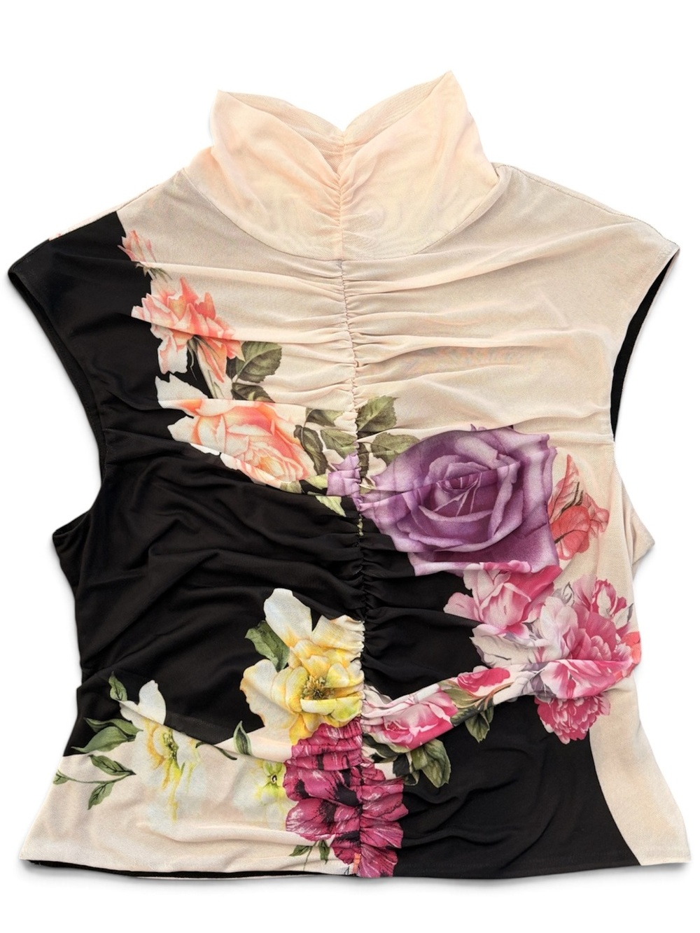 AFRM Floral Ruched Mock Neck Sleeveless Top - Black & Floral